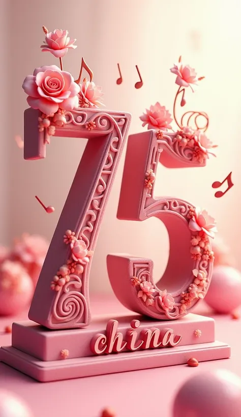 A mesmerizing 3D render of the letter "75" that showcases the artists exceptional skill in typography and illustration. Adorned with tiny musical notes and vibrant pink roses, the letter exudes a whimsical and enchanting charm. The base features the name "...