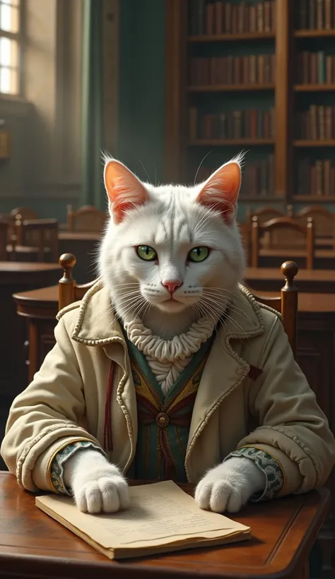 generate a picture of white handsome male  cat wearing dirty and old cloth giving exam in exam hall in luxury college