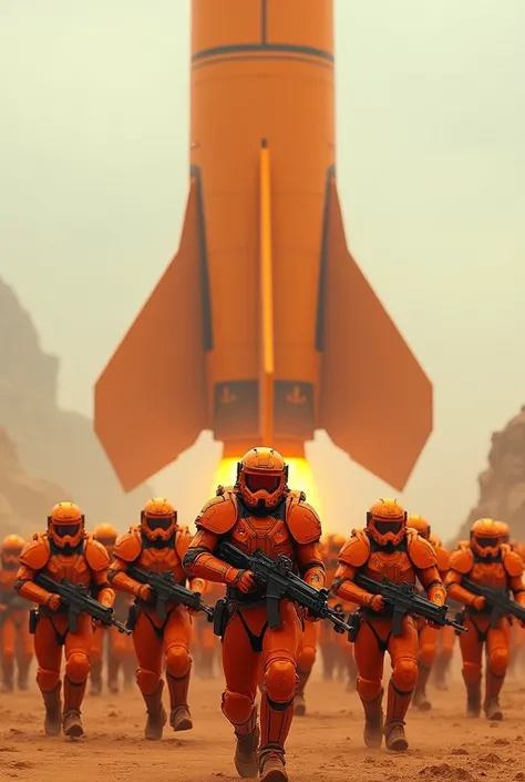 An orange army of warriors ready for combat with the aid of a huge orange rocket 