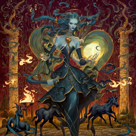 Patchwork by Lori Earley, Georges Lallemand, Andrew Gonzalez, Master Franke, painted with erosion paint and varnish: Hecate, goddess of night, moon and magic, with snake-like hair, holding two flaming torches, with Empusa, a young, beautiful woman with one...