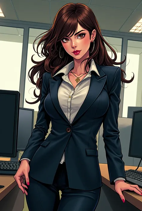 Manga style, brown hair woman, succubus, dressed in a secretary&#39;s suit 