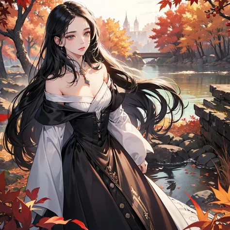 ((Best Quality)),(Ultra-high resolution),Highly detailed CG Unity 8k、Black Hair, Long Hair、Beautiful woman, Alone, Autumn background、Mysterious Dress、White skin, Gal, Her flat chest is hidden by her dress、Reduce Exposure