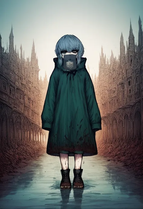 1adult girl, solo, full body, blue hair, black mask on mouth, green dress, looking at viewer, black souls style, cunning eyes