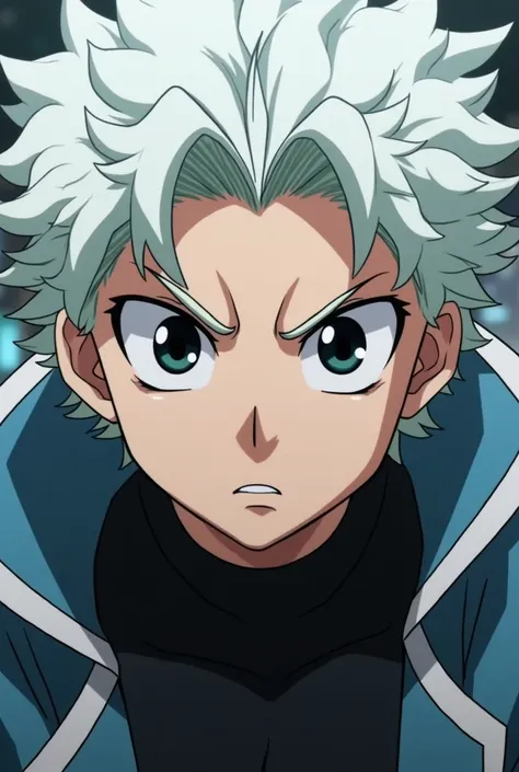 Screenshot of boku no hero academia,man,wavy hair,white hair,black boy eyes,alfa