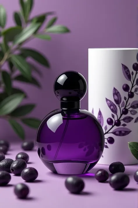 açaí perfume with rounded packaging inspired by floratta and purple liquid, black rounded lid, image background with acai branches, on the floor some small, whole açaí fruits next to a perfume packaging made of white cardboard, with purple and black branch...