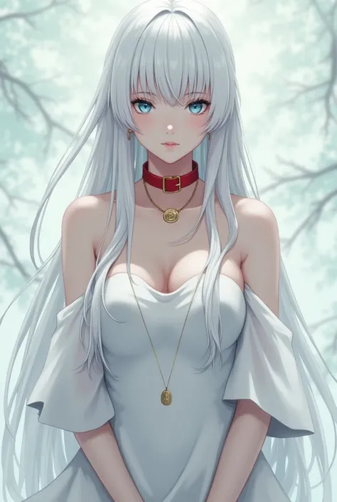 human woman, white haired anime, blue eyes, white dress, with red dog collar and gold pendant.