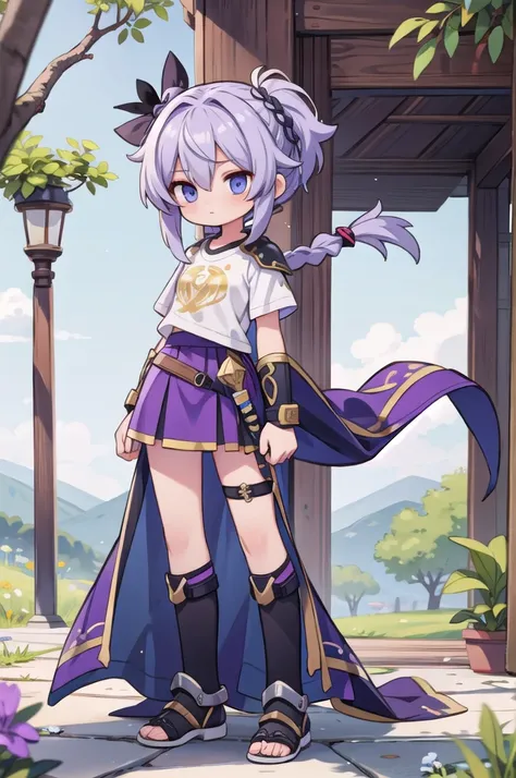 girl knight, skin color bright, his hair two tails braids, eyes purple, knight armor over a T-shirt, short roho skirt, soft sword, ,fantasy,concept art.