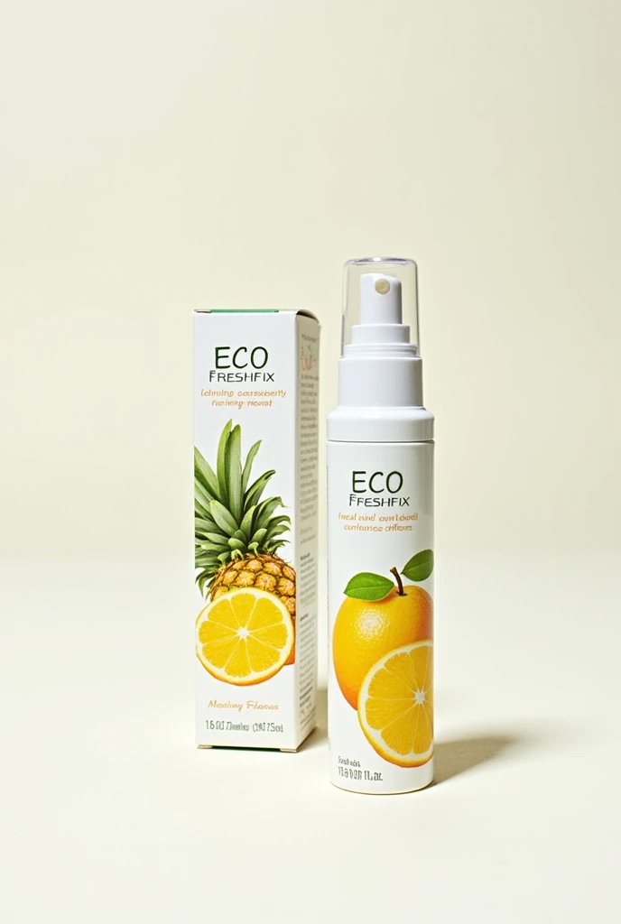 compact mini cylindrical atomizers, that the packaging has the name of eco freshfix and with a design of citrus fruits such as pineapple and orange that is practical and can be carried in a practical way to apply directly on a stain