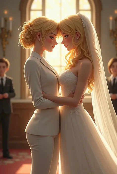 A curly-haired sparrow woman in a suit at the altar is next to her blonde-haired bride in a dress also at the altar. 