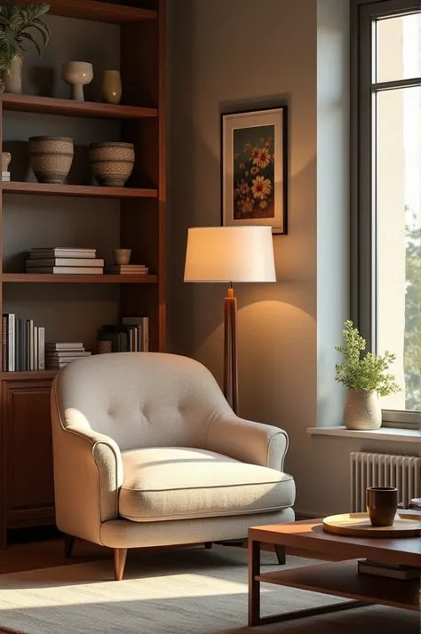 A room with a sofa chair with a lamp, a shelf, a picture, a window and a coffee table 