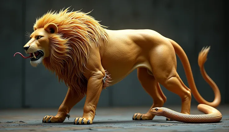 Create a hyper-realistic hybrid creature combining the majestic form of a lion and the serpentine elegance of a snake. The creature has the powerful, muscular body and legs of a lion, covered in sleek, golden fur that fades into shimmering, iridescent scal...