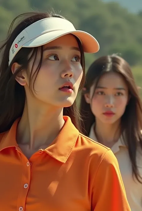 1 person shot, Orange golf shirt, A look of surprise, 2 beautiful Korean woman, Long hair, Light makeup, Upper body shots, Sun Visor, 1,000,000 volts suprise, oh my god, Please, just one woman come out 