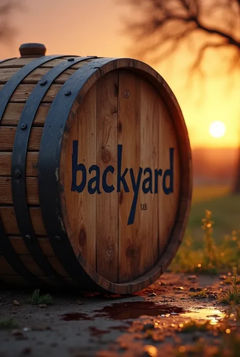 Realistic large barrel with the phrase backyard written on it and spilled drink on the ground. In the background a sunset
