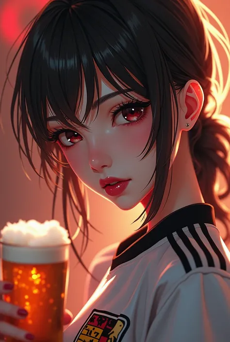 a detailed anime girl with beautiful eyes, beautiful lips, extremely detailed face, long eyelashes, wearing a Germany soccer shirt, holding a beerglasses, hyperrealistic, 8k, best quality, highly detailed, photorealistic, professional photography, vivid co...