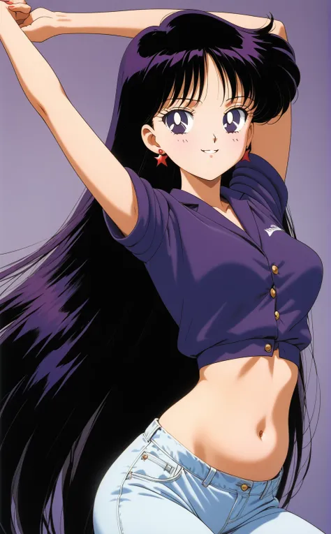 aamars, very long hair, black hair, parted bangs, purple eyes, 1990s \(style\), 1 girl, solo, best quality, masterpiece, high de...