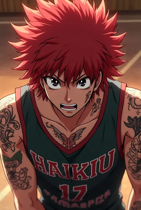 Haikyuu screenshot,man,wavy hair,red hair,black boy eyes,with tattoos