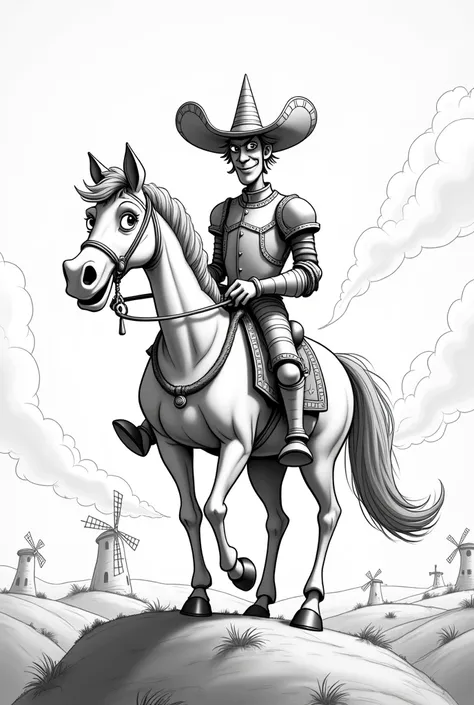  Don Quixote of La Mancha riding a horse to draw in black and white animated version