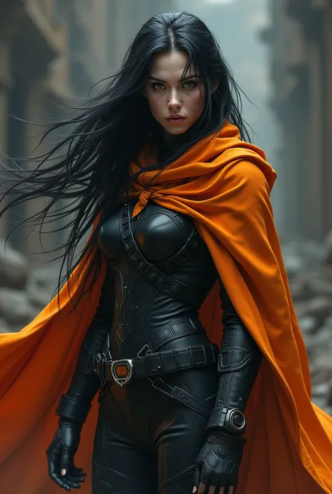  girl, white, long black hair, He wears military uniform, orange cape, big hazel eyes, Science fiction, dark mood, shift chart v2