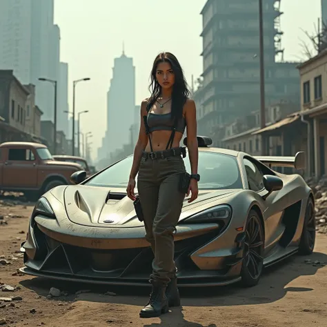 A beautiful girl stands next to a Mad Max style sports car against the backdrop of a post-apocalyptic city.
