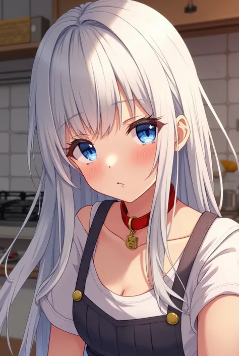 human woman, white haired anime, blue eyes, kitchen apron, with red dog collar with gold dogtag. long hair, cooking, Selfie.