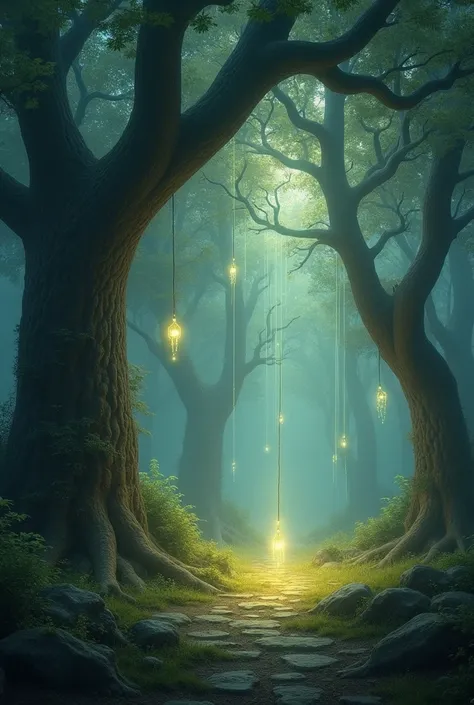 A magical clearing filled with ancient trees whose branches intertwine above. Glowing orbs hang from the limbs, illuminating the glade with a gentle, ethereal light, while soft whispers dance in the air.