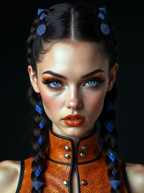 The image features a beautiful woman with striking blue eyes, dramatic cat-eye makeup in shades of orange, black, and light blue, and thick eyelashes extending beyond her natural eyelid. Her eyebrows are heavily shaped and arched, contributing to an intens...