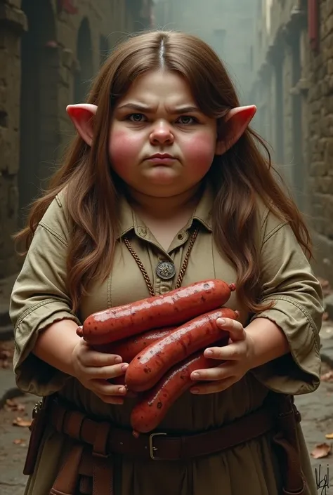 Generates an image of a plump long brown haired female gnome , not very pretty with a mean look , with merguez sausages 