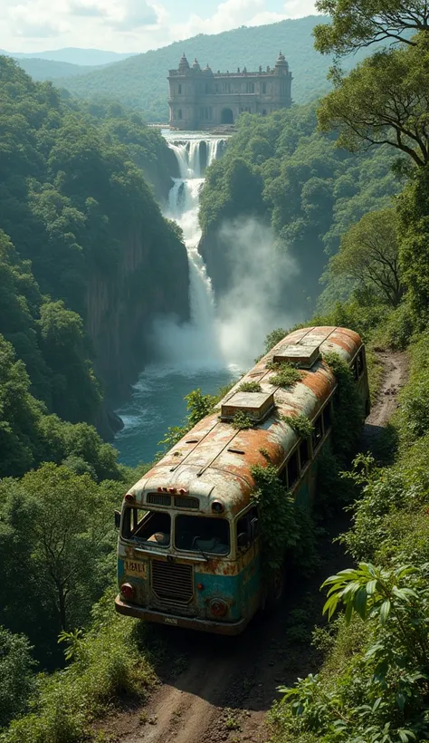 A bus is under worst conditions in top of the forest hill thousand years ago with abandon place (top to bottom view) . Amazon forest. Below waterfall. Palace like horrible  . Natural 