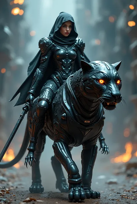 A stunning armoroid lady equipped with a sword and shield, riding on a space android black leopard, highly intricate details, vibrant colors, (best quality,4k,8k,highres,masterpiece:1.2),ultra-detailed,(realistic,photorealistic,photo-realistic:1.37),detail...