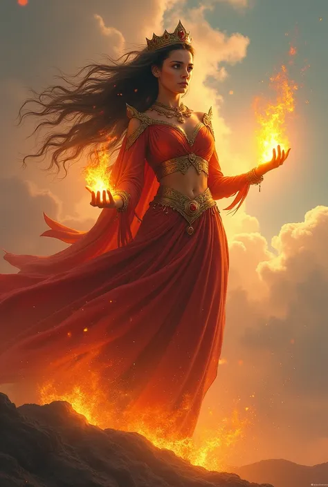 Draw me a female hero who is tall, has flames in her hands, has a crown on her head, has hair that grows everywhere, has normal teeth, can fly, and has a cape.