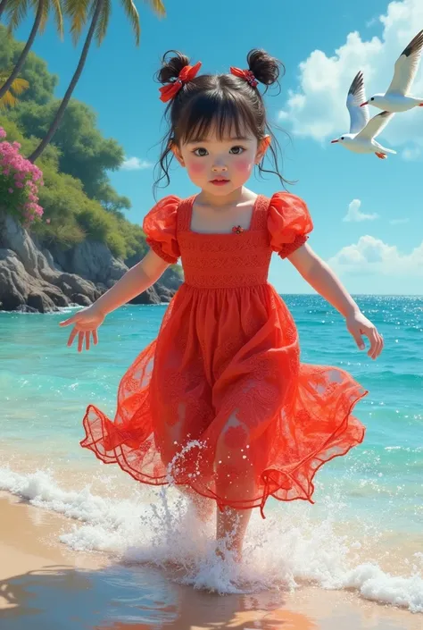 Cinematic photorealistic acrylic painting of a cute little white skinned Indonesian girl, beautiful blue eyes, curly eyelashes, her hair is tied up in a bun with Korean style bangs and accessories , wearing an intricate lace maxi dress, bright red color,Sh...