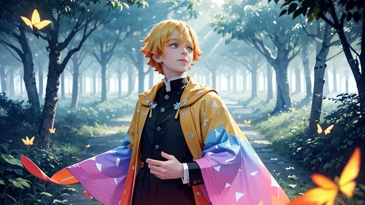 a close-up of a young man with short, spiky blonde hair standing in an enchanting forest. he has a confident expression, looking...