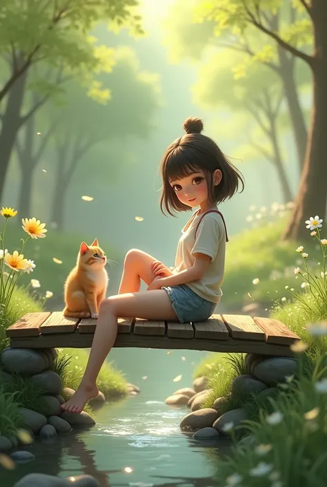 a young girl relaxing on a small bridge over a spring creek, a black cat by her side, idyllic spring day, serene atmosphere, (best quality,4k,8k,highres,masterpiece:1.2),ultra-detailed,(realistic,photorealistic,photo-realistic:1.37),highly detailed, hyper ...