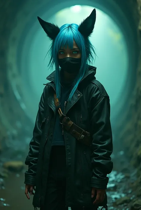 8K, Best Quality, Masterpiece, Ultra High Resolution, underground in a cyberpunk fantasy world, girl, (short length hair,) blue eyes, flowing hair, 1girl, intimidating, light blue hair, ear piercings, dark skinned, dark skin, long hair, teenager, dark skin...