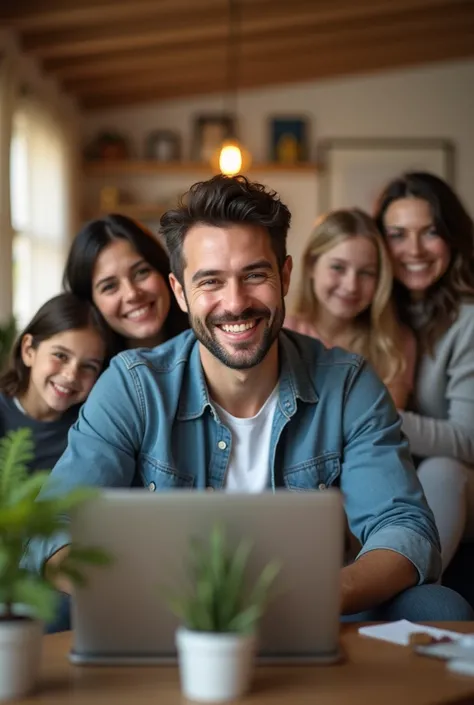  a happy beardless man working with digital marketing near his family 