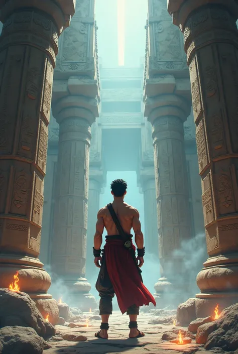 give me a 3d anime image of a guy standing looking at the characters printed on the stone pillars of an ancient temple