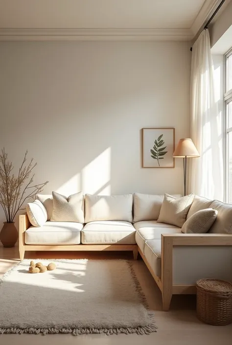 Cozy living room composed of light pine furniture, sofas with light pine base and cashmere rugs. 