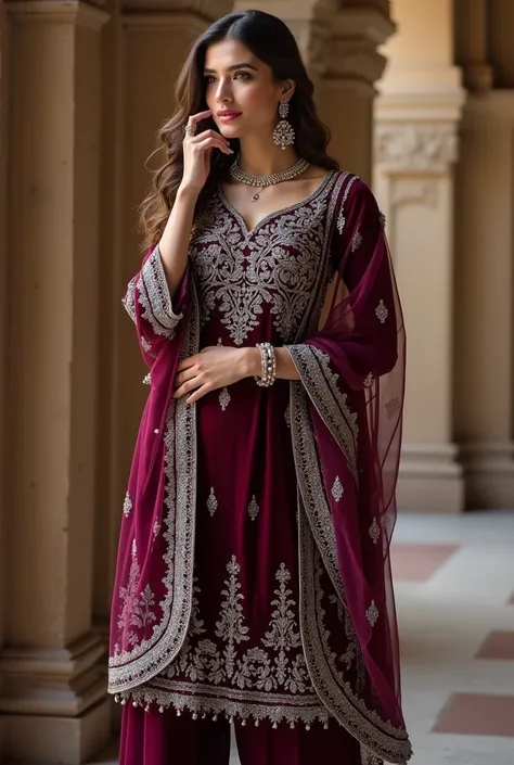 Indian women wear Outfit: A dark berry Anarkali adorned with intricate silver work.
Bottom: Paired with matching dhoti pants.
Footwear: Silver juttis.
Accessories: Silver earrings and bangles.
Hair and Makeup: Loose waves with soft, natural makeup.
