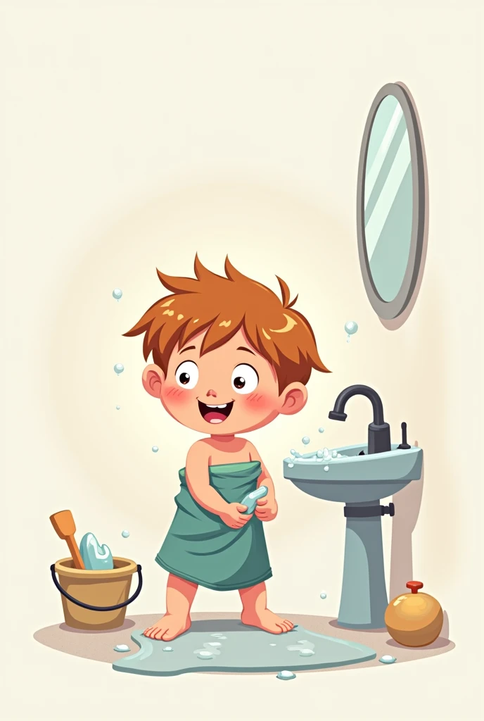 a kid is bathing in bathroom using tap,a bucket and saour . And who is wearing a tawal in cartoon version
