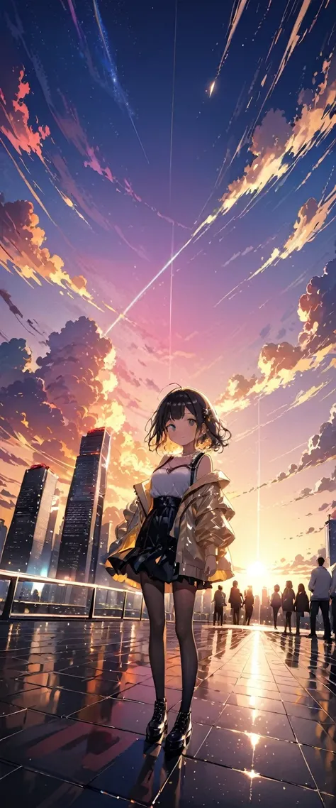 Beautiful CG。Cinema Lighting ,masterpiece, Best Quality, 8k.(Skyscraper。上空にSkyscraper。大空に逆さまになったSkyscraper。Sunshine。Beautiful city lights。Beautiful sunset。Colorful clouds),屋上にある超Skyscraperのシルエットの黒い女の子。