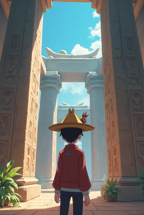 give me a 3d anime image of a guy wearing a flute hat looking at the characters printed on the stone pillars of an ancient temple