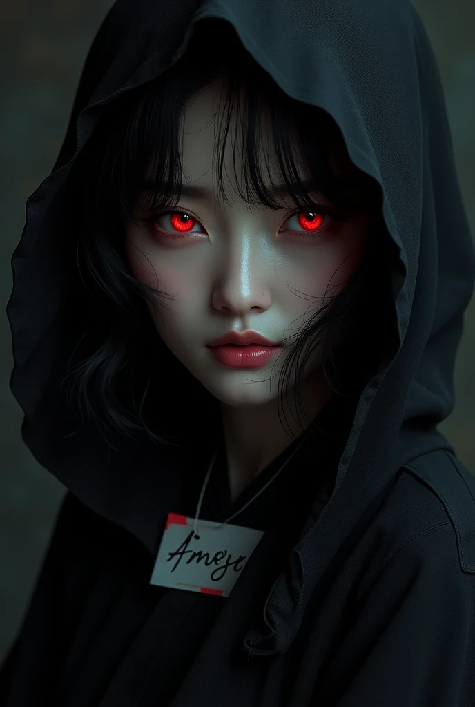 Chinese girl with red eyes and covered half face and with black clothes and black curly hair with name tag amoyy 