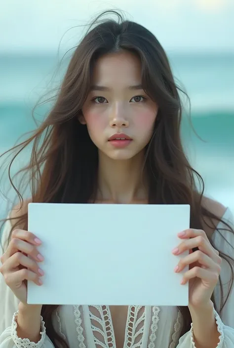 A beautiful girl with long wavy hair, wearing a bohemian dress, holding a white sign with the text "Jadore Seaart Infinity" and showing it to the viewer.