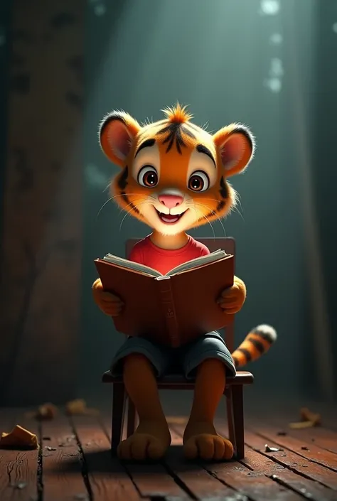 A 3D Pixar-style cute tiger cub is sitting on a chair in a room with the lights on, holding a book that he is looking at. The tiger is wearing a red shirt and gray shorts, with a big smile on his face. His fur is brown, and he is looking directly at the bo...