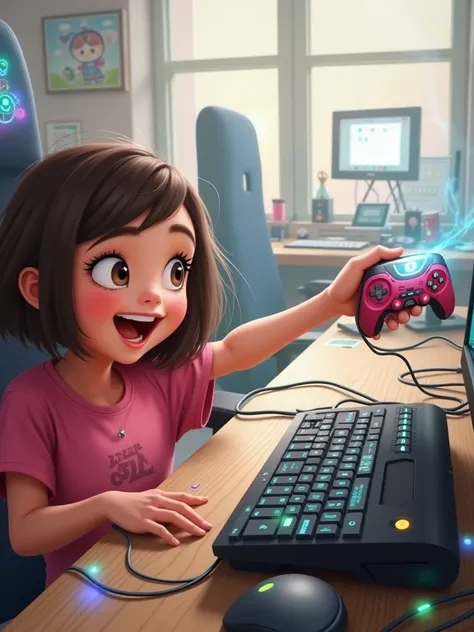 happy child, female child, playing games in games and a computing, Poster pixar