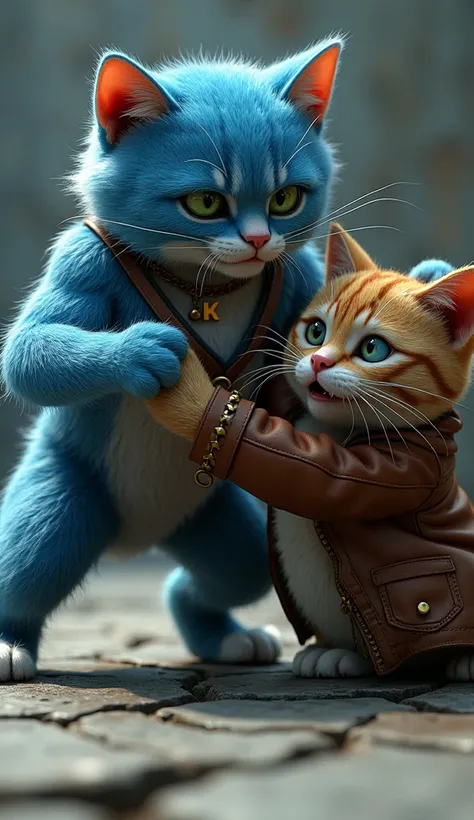 A bodybuilder blue kitten with green eyes and a necklace with K on his chest, in style: Realistic, 3D, 4K. Super Abi is grabbing one of the villainous cats wearing a leather jacket by the collar and slamming him into the ground. The action is fierce, with ...