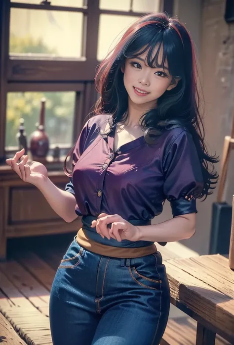 (best quality,4k,8k,highres,masterpiece:1.2),ultra-detailed, 1woman, Japanese woman, gyaru, five foot five inches tall, ginger colored hair, mole by her left eye, blue button up blouse, maroon jeans, large swollen breasts, wide hips, dancing around mid-wes...