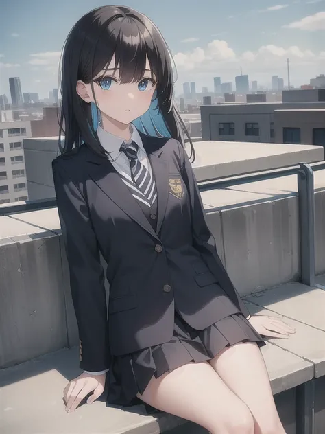 One person, School, Outdoor, sitting on a rooftop bench, bangs, (Hairstyle: straight), Black Hair, Mid-length hair,  (blue eyes:1.2), (Hair above left eye:1.5), Yellow Eyes, Heterochromia iridis, Long sleeve, School unform, black jacket with School logo, s...