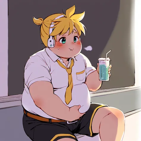 1 boy, (), (male child), (Kagamine Len), cute, earphone, over small tight school uniform, collar tie, shorts, (chubby), (plump),( belly significantly hang over the waistband), belly exposed from the bottom, ((huffing and puffing)), sweating a lot, (full-fa...