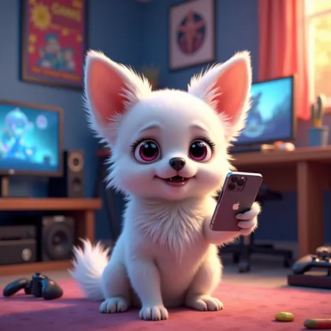 A realistic white Chihuahua sits in a colorful gaming room, surrounded by gaming consoles and accessories. The dog is holding a smartphone to its ear, its mouth open in an angry expression, conveying frustration or excitement. Its large eyes are wide, and ...